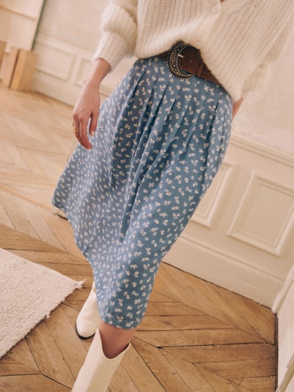 Sezane Blue Floral Pleated Midi Skirt - Picture 5 of 5